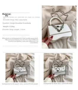 Detail view of white croc-embossed small square bag with silver chain and pearl strap