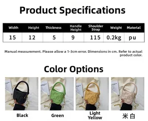 Detailed size chart for quilted PU crossbody bag showing dimensions and color options