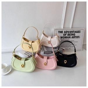 Minimalist crescent handbags in five colors displayed with high-quality leather texture