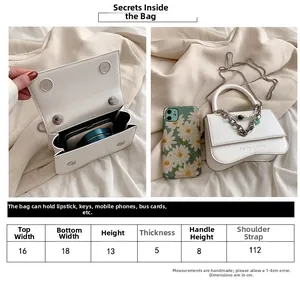 Size chart for white leather crossbody bag with dimensions and phone capacity view