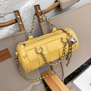 Woven PU Leather Barrel Crossbody Bag For Women Chic Braided Cylinder Shoulder Purse With Silver Chain And Metal Ball Charm