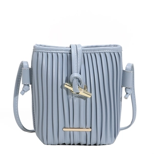 Light blue pleated PU leather crossbody bucket bag with golden horn buckle closure