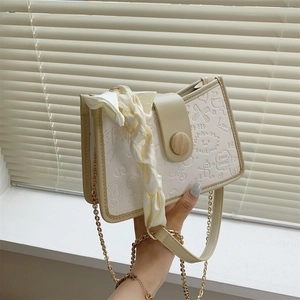 Women Shoulder Bag PU Leather Cartoon Embossed Underarm Handbag With Satin Scarf Strap And Wood Button Decor Retro Fashion