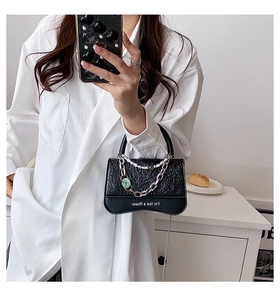 Mirror selfie showing a black pleated bag with pearl chains and green jewel details