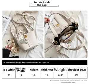 Tabella taglie per borsa a secchiello beige con dimensioni e dettagli sulla capacità