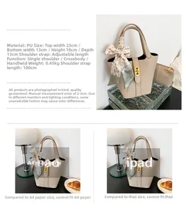 Dettaglio borsa a secchiello in PU beige con foulard floreale e misure 23x13x18cm