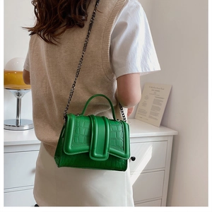 Vue latérale d'un sac vert vif en cuir crocodile avec bandoulière chaîne sur un mannequin