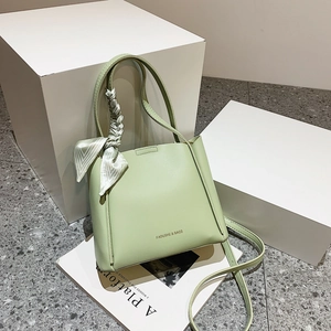 Women PU Leather Crossbody Bag With Satin Scarf Decor Lychee Pattern Shoulder Bucket Handbag Fashion Street Style