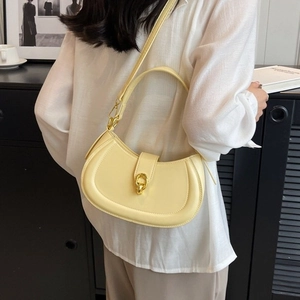 Minimalist light yellow hobo shoulder bag with golden ring buckle for women