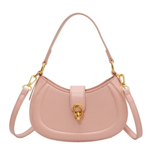 Pink matte leather half-moon shoulder bag with golden ring lock and dual straps