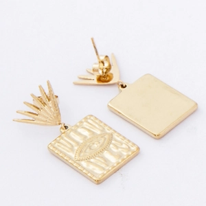 Gold rectangular Evil Eye drop earrings with radiant sunburst stud and vintage finish