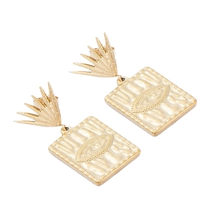Golden rectangular evil eye drop earrings with embossed religious design on white background