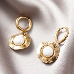 18k gold plated stainless steel hoop earrings with natural stone disc on silk background
