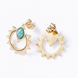 Bohemian gold sunburst stud earrings with turquoise stone inlays on white background