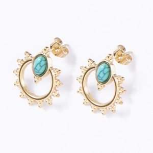 Detailed close-up of Bohemian gold sunburst earrings with turquoise stone inlay