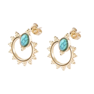 Bohemian gold-tone earrings with oval turquoise stones and sunburst textured metal design