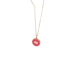 Goldene Titanstahl-Halskette mit rosa Emaille-Böse-Blick-Anhänger in Kreisform
