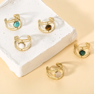 Bohemian gold plated rings with natural stones and hammered texture on stone base