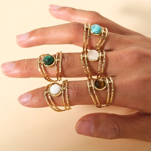 Five-piece vintage gold multi-layer hollow rings set featuring colorful gemstone inlays