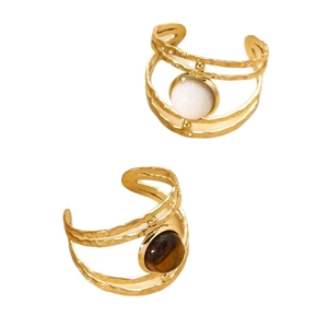 Textured gold multi-layer open rings with white gemstone and brown tiger eye stone