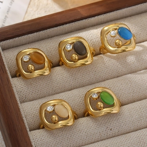 Bague Géométrique Irrégulière Acier Inoxydable Pierre Oeil De Chat Strass Plaqué Or 14K Ajustable Ouverte Bijou Doigt Femme Vintage