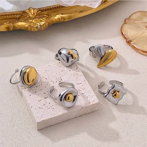 Vintage Stainless Steel Rings For Women Two Tone Gold Silver Contrast Heart Star Geometric Adjustable Open Ring Jewelry