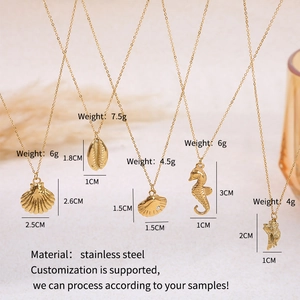 Detailed collection of five gold stainless steel marine pendants featuring seahorse and shell