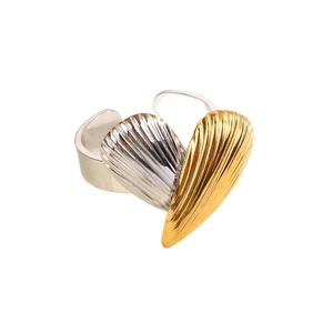Two-tone retro heart ring with pleated gold and silver finish and adjustable open band