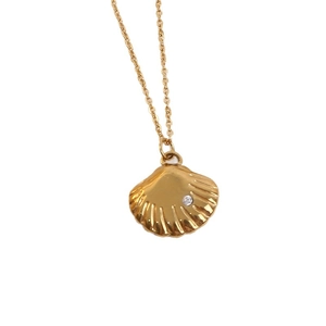 Golden ocean shell pendant necklace with zircon stone on minimalist cross chain