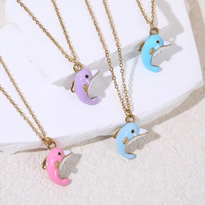 Cute Dolphin Pendant Necklace Stainless Steel Enamel Animal Charm Jewelry For Women Girls Minimalist Gold Plated