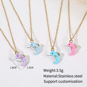 Detail of four colorful enamel dolphin pendants on gold stainless steel chains with dimensions
