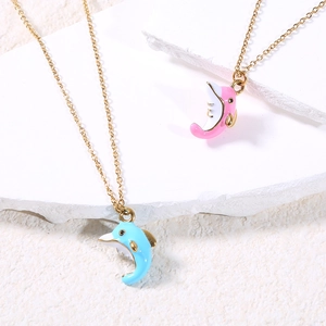 Cute candy-colored dolphin pendant necklace with gold chain in pink and blue enamel