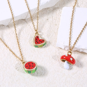 Summer gold necklace set with heart watermelon and mushroom enamel pendants on stone base