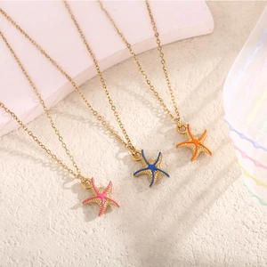 Marine style starfish pendant necklace set with colorful enamel finish on gold chain