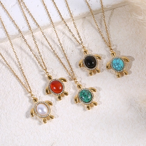 Sea Turtle Pendant Necklace Stainless Steel Gold Plated Rhinestone Natural Stone Faux Artificial Pearl Waterproof Retro Jewelry