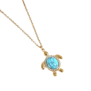 Golden turtle pendant necklace featuring blue turquoise stone and diamond accents