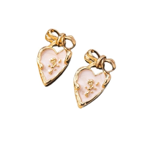 French vintage heart stud earrings with golden bow design and pink enamel rose relief
