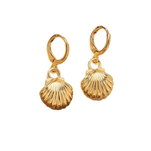 Golden seashell drop earrings with textured fan details and round lever-back hooks
