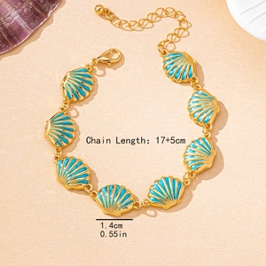 Gold shell bracelet with blue enamel charm and adjustable 17+5cm chain for beach wear
