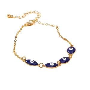 Gold evil eye bracelet with blue oval charms and adjustable chain for women