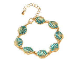 Gold shell bracelet with blue enamel scallop pendants for summer beach fashion