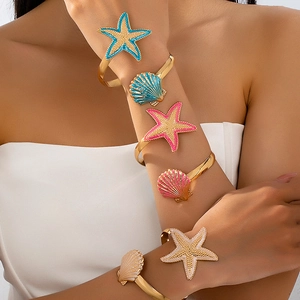 Ocean Starfish Seashell Open Cuff Bracelet Gold Plated Alloy Enamel Summer Beach Vacation Jewelry For Women