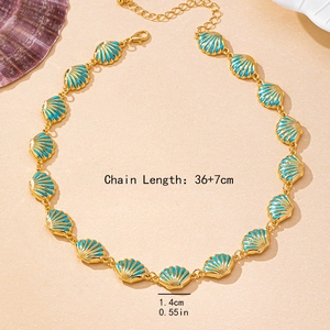 Gold shell necklace with blue enamel wave texture and adjustable 36+7cm chain length