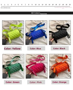 Detailed grid of quilted nylon cylinder crossbody bags in six vibrant trendy colors