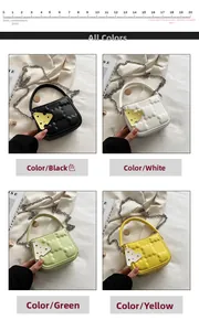 Detailansicht der Mini-PU-Lederhandtaschen in vier Farben mit Kettenriemen und Käseanhängern