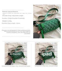 Detail view of green quilted cylinder bag with adjustable nylon strap and size comparison