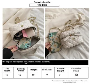 Size specifications for quilted crossbody bag with detailed width and height measurements