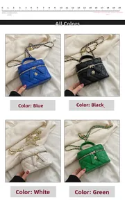 Detail view of quilted mini crossbody bags in four colors with floral zipper pulls