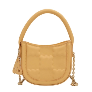 Stylish yellow semi-circle crossbody bag with waffle texture and cheese pendant detail
