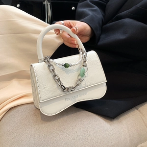 Small Square Shoulder Bag Women Wrinkled PU Leather Slogan Print Crossbody Handbag With Artificial Pearl Metal Chain Shoulder Strap